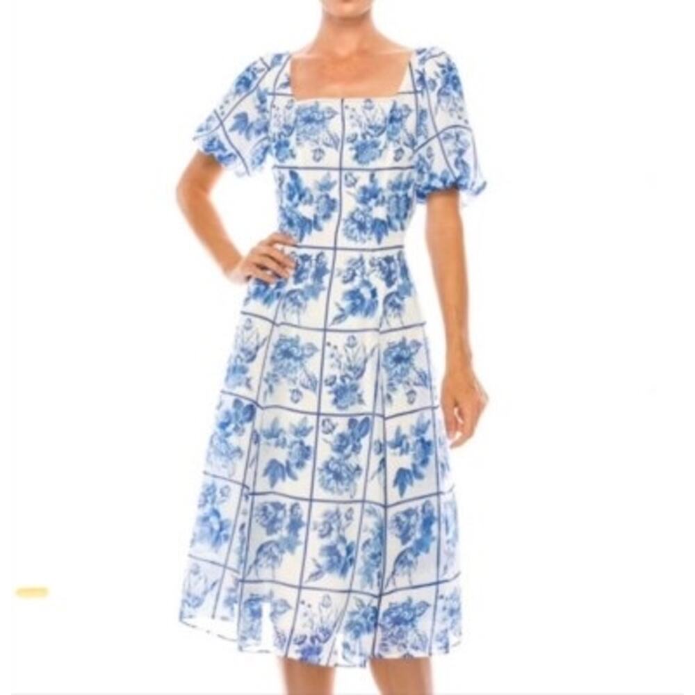 Melonie T White and Blue Floral Square Neck A-line Dress Size 14